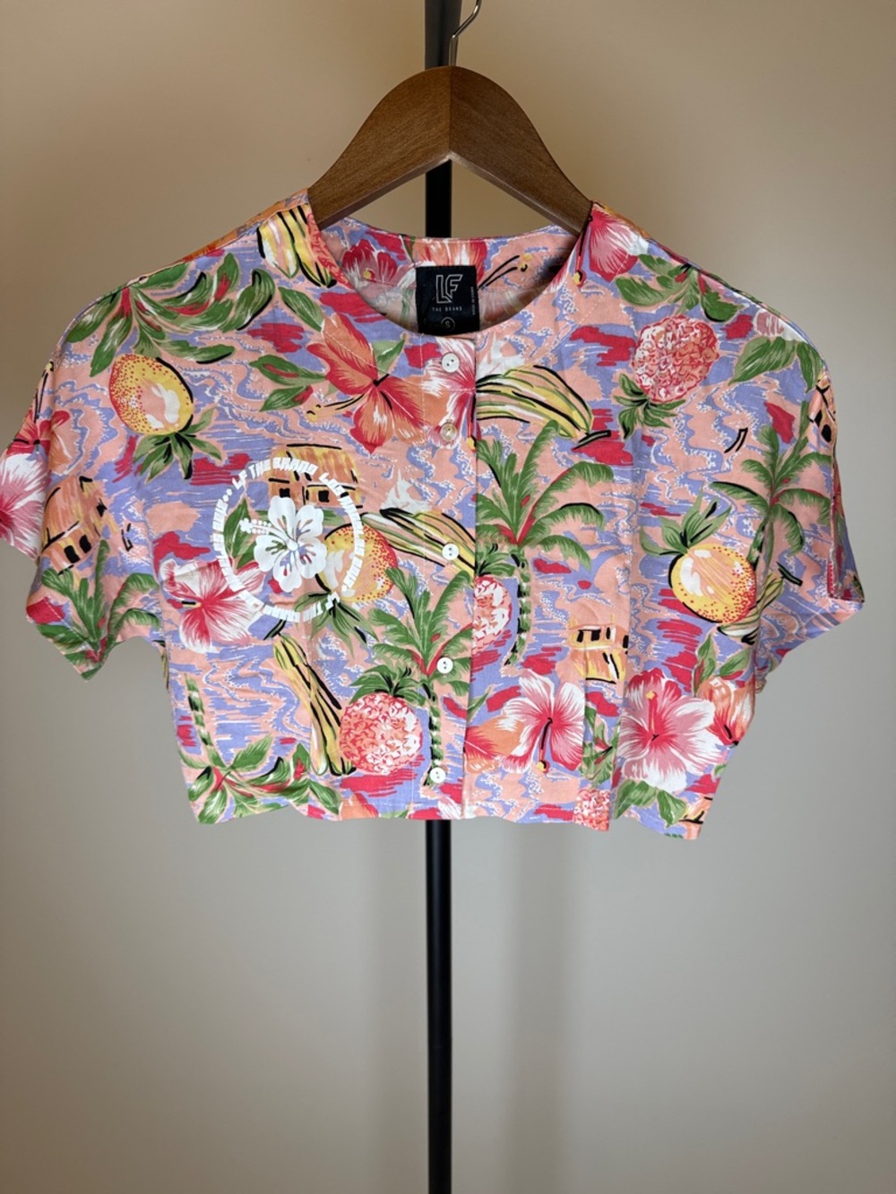 LF Pink Tropical Floral Cropped Button-Up Top
